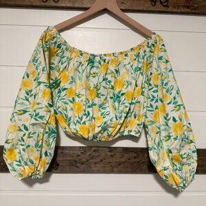 🍋 Lemon Print Cottagecore Puff Sleeve Crop Top | Cotton | M